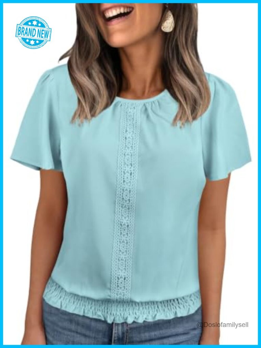 Womens Ruffle Sleeve Scoop Neck Pleated Front Summer Blouse Top